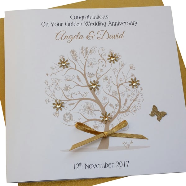 Handmade Personalised Golden 50th Wedding Anniversary Tree Card