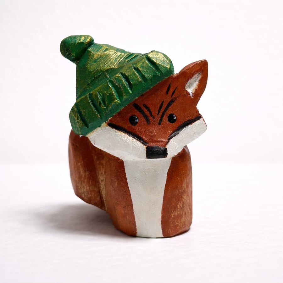 Mini Hand Carved Wooden Fox Sculpture – One of a Kind Folk Art Figure