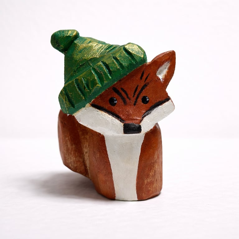 Mini Hand Carved Wooden Fox Sculpture – One of a Kind Folk Art Figure