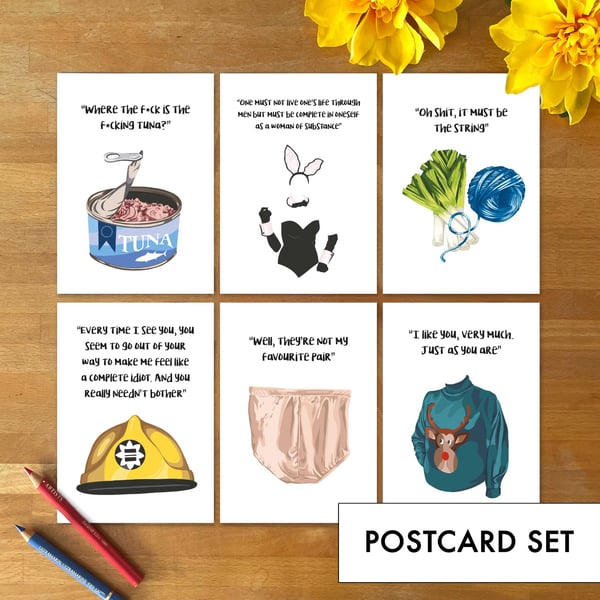 Bridget Jones Inspired Postcards – Set of 6 - Funny Rom Com Quote Art