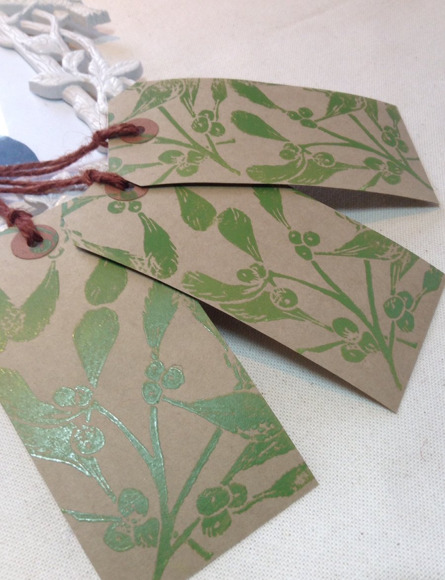 Hand printed Mistletoe Gift tags
