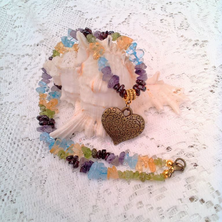 Mixed Gemstone Chip Bead Necklace with a Bronze Heart Charm, Gift for Her