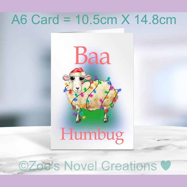 Christmas Card, Baa Humbug Sheep A6 size 10.5cm X 14.8cm 