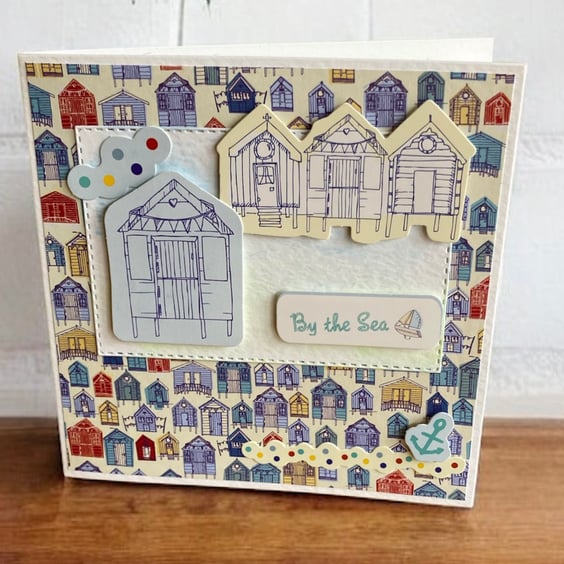Seaside Themed Card with Beach Huts. Blank Greetings Card.