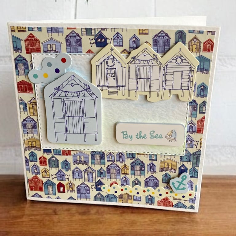 Seaside Themed Card with Beach Huts. Blank Greetings Card.