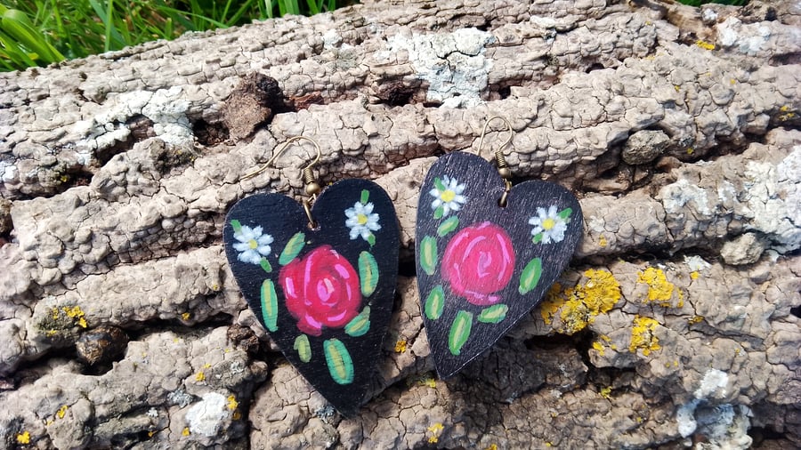 Wooden Hand Painted Folk Art Heart and Rose earrings