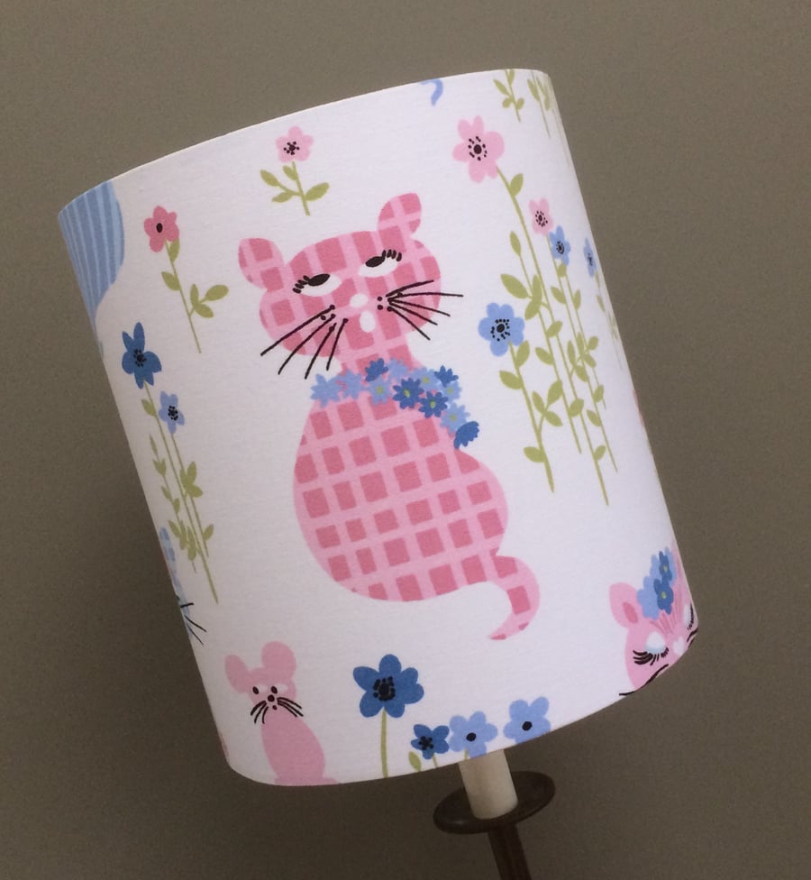 Pink Blue 60s 70s Retro Cat Mouse PUSS PUSS Sanderson Vintage Fabric Lampshade