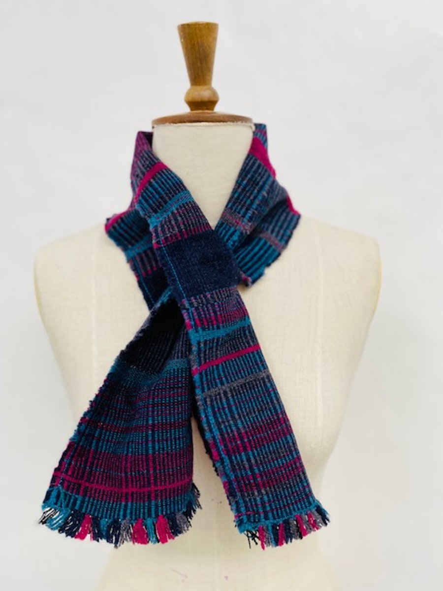  Scarf in blues, greys, rose pink , hand woven using 100% lambs wool 
