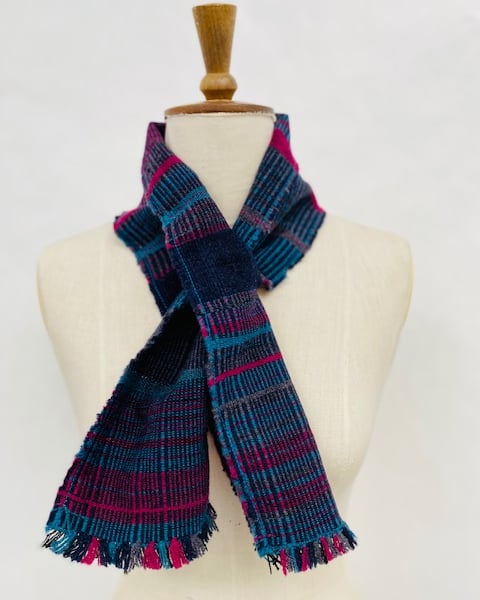  Scarf in blues, greys, rose pink , hand woven using 100% lambs wool 