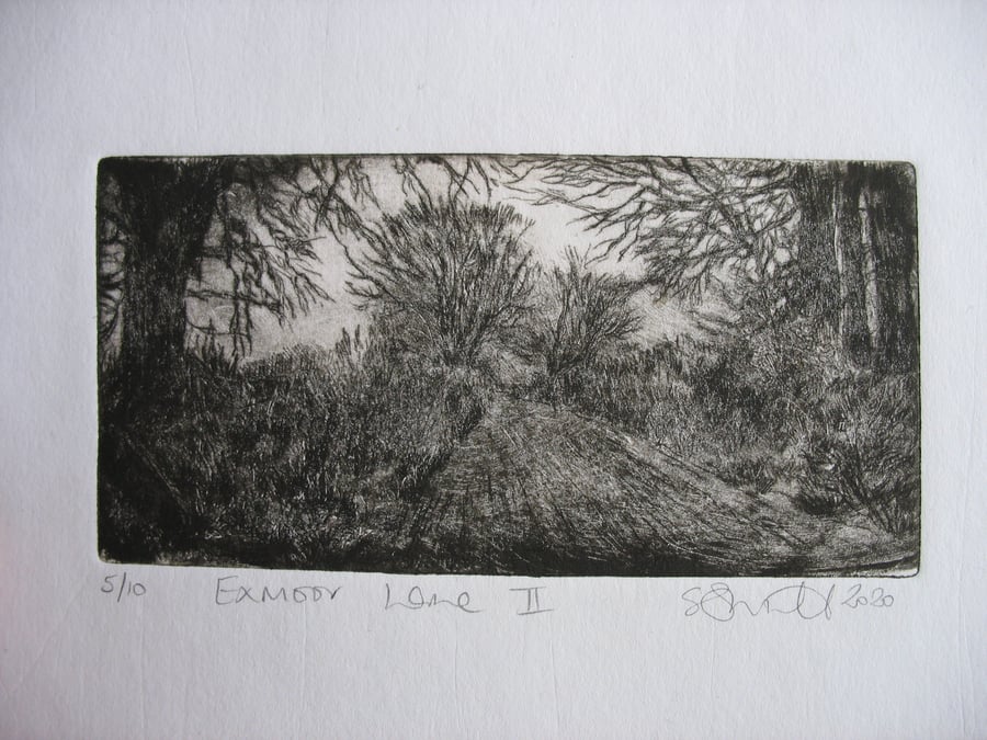 Moody drypoint etching 'Exmoor Lane'