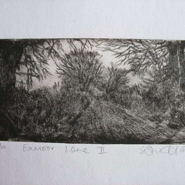 Moody drypoint etching 'Exmoor Lane'