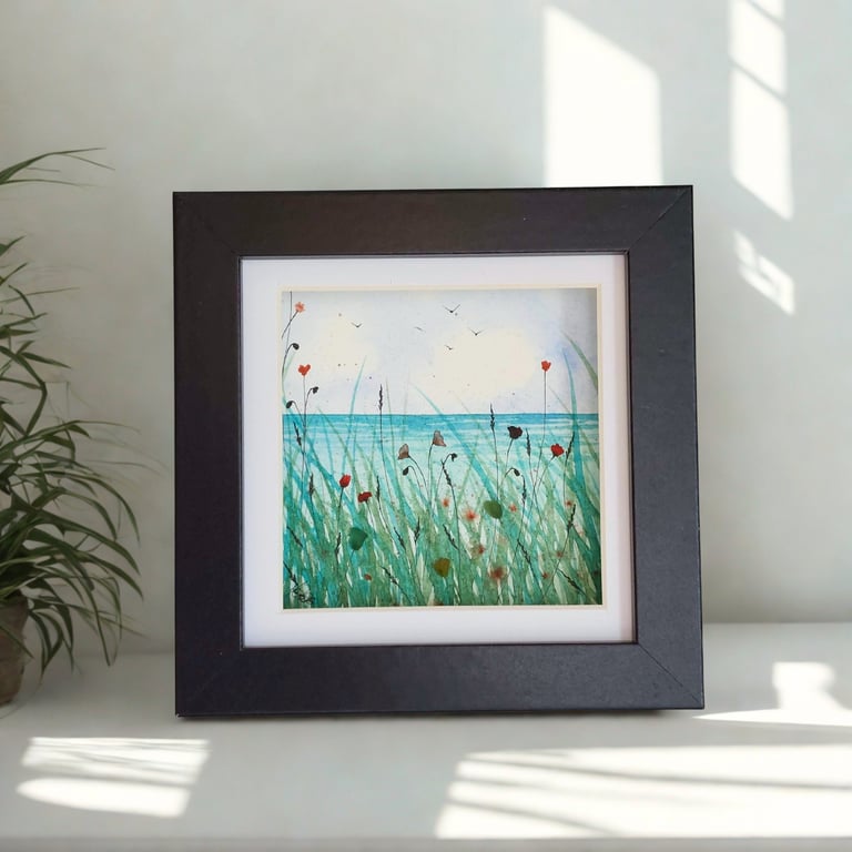 Beach Poppies Watercolour Art - Original Hand Painted Art with Sea Glass