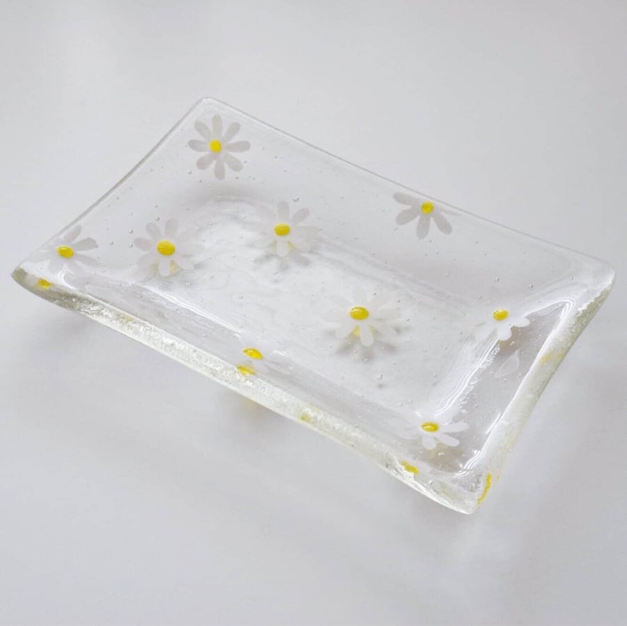 Fused Glass Daisy Flower Soap Dish 