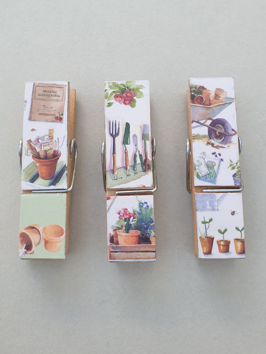  Gardening design large Peg fridge Magnets decoupaged set of 3