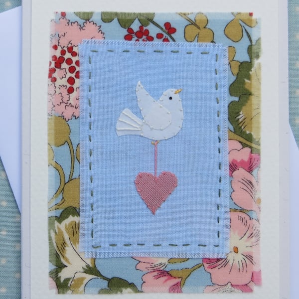 Peace & Love hand-stitched miniature applique on 100% recycled card
