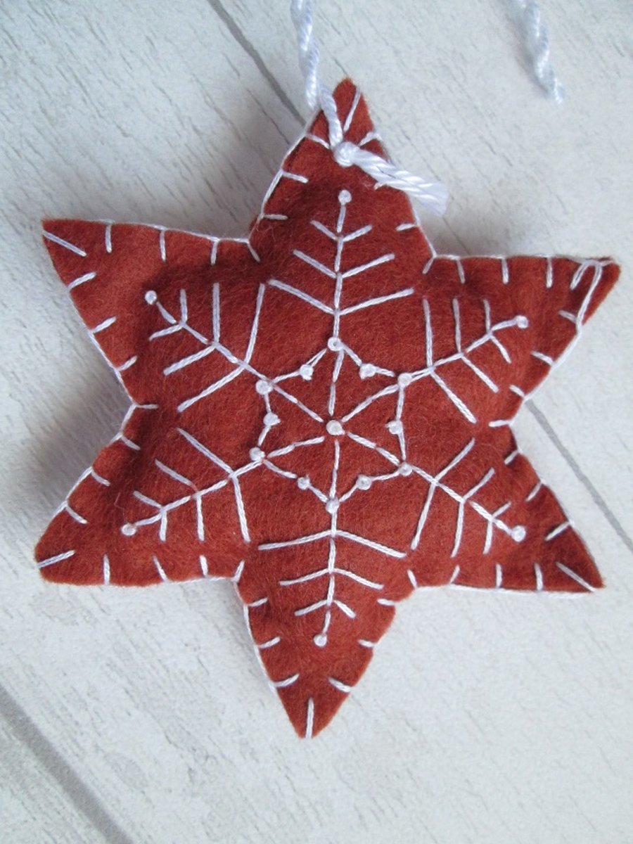 Hand Embroidered Felt 'Gingerbread' Snowflake Tree Decoration - C