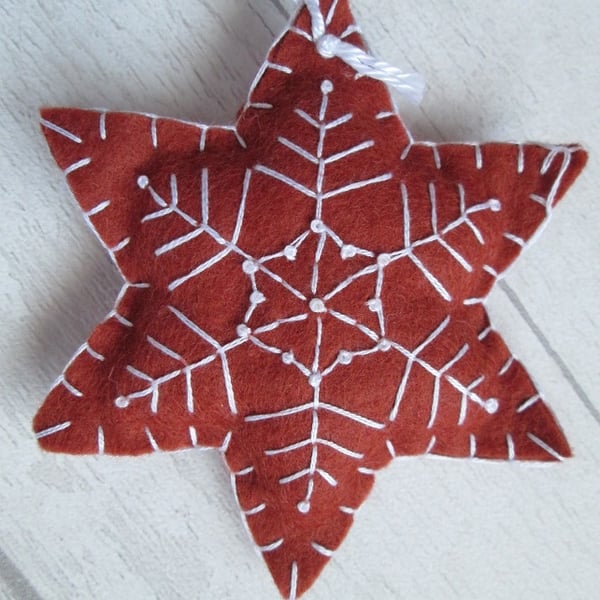 Hand Embroidered Felt 'Gingerbread' Snowflake Tree Decoration - C