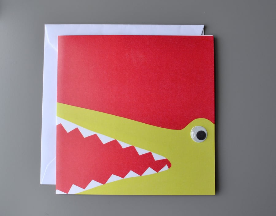 Googly Eyed Snappy Crocodile on Red Background Blank Card