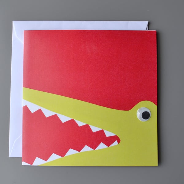 Googly Eyed Snappy Crocodile on Red Background Blank Card