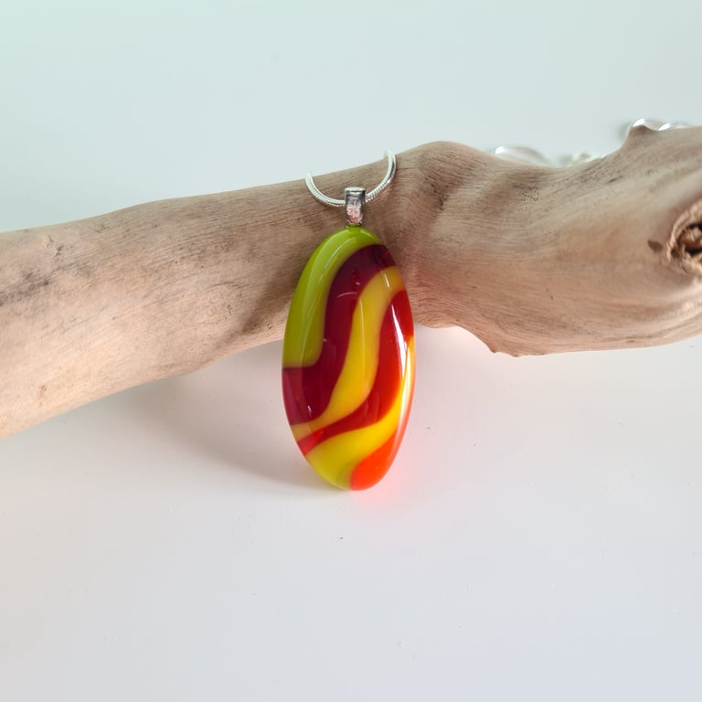 Fused glass, multicoloured oval shaped pendant