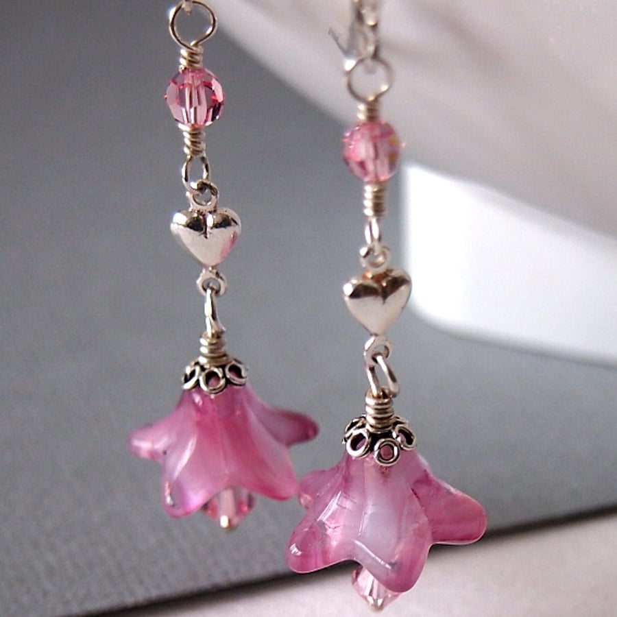 Pink Flower Glass Bead Earrings, Floral Earrings, Silver Heart, Sterling Silver