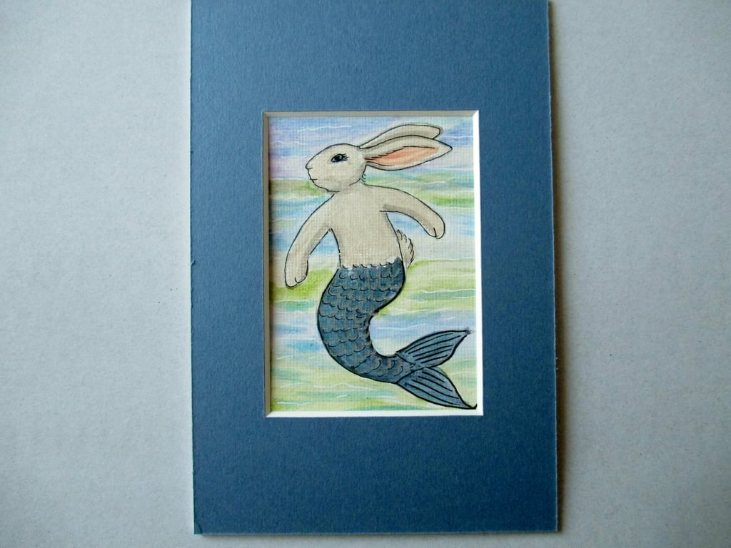 Merbunny Mermaid Bunny Rabbit ACEO original miniature painting in mount