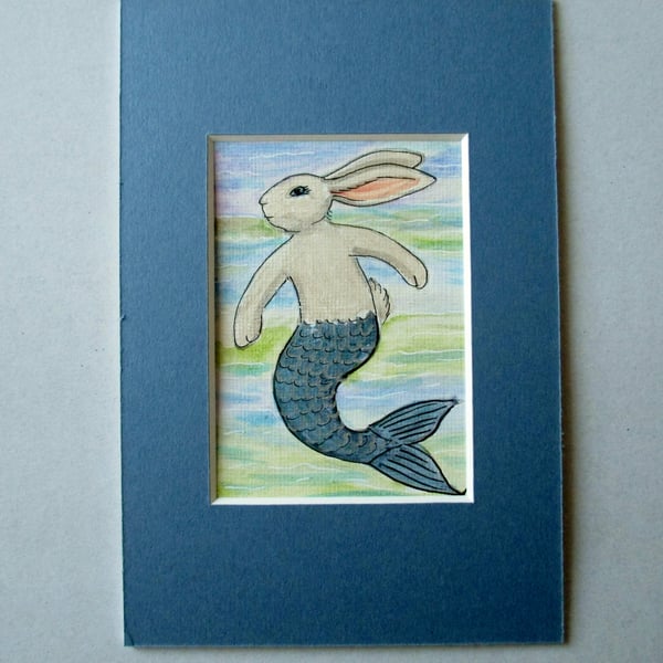 Merbunny Mermaid Bunny Rabbit ACEO original miniature painting in mount