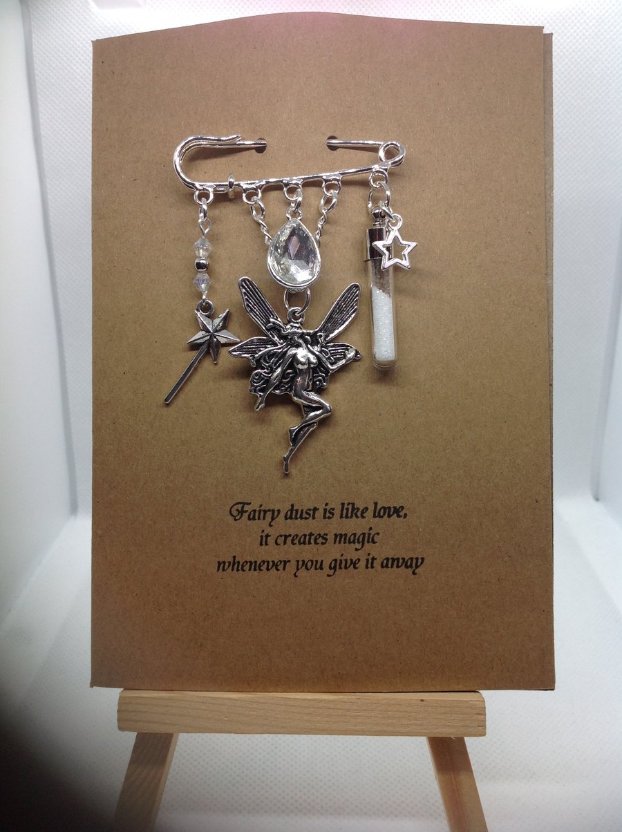 Hand made Kilt pin brooch, fairy themed, attached to A6 Kraft card