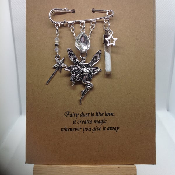 Hand made Kilt pin brooch, fairy themed, attached to A6 Kraft card