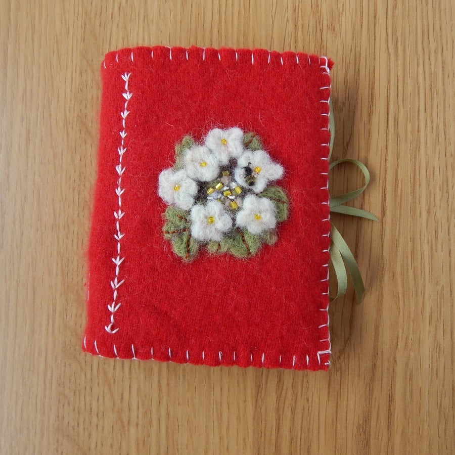 Red Cashmere Journal Hand Applique & Felted. Flowers and Bee. Upcycled Cashmere.