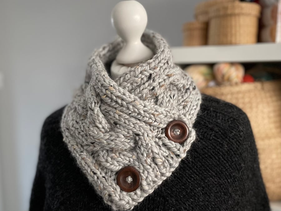 Hand Knitted Button up Scarf - Grey