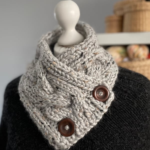 Hand Knitted Button up Scarf - Grey