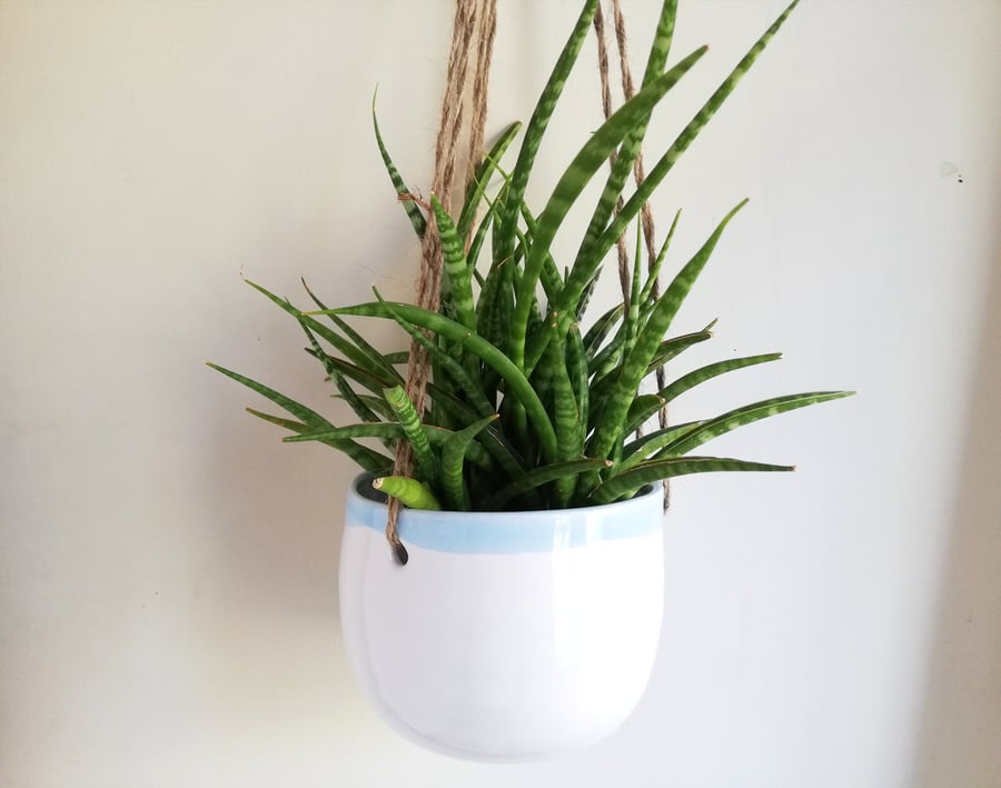 Ceramic hanging planter with white and blue glaze pottery herb pot - gift idea