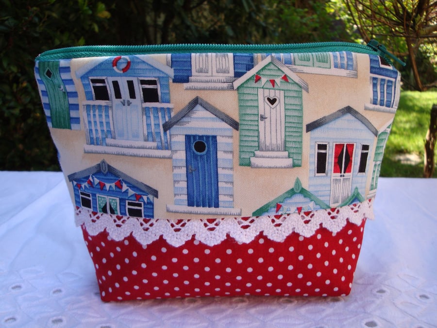 Cotton Make Up Bag - Beach Huts - Red Polkadots - Lace .