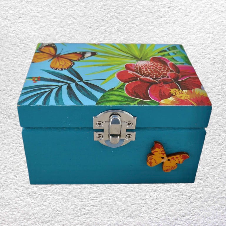 Tropical Flowers Decorated Wooden Trinket Keepsake Box 12cm