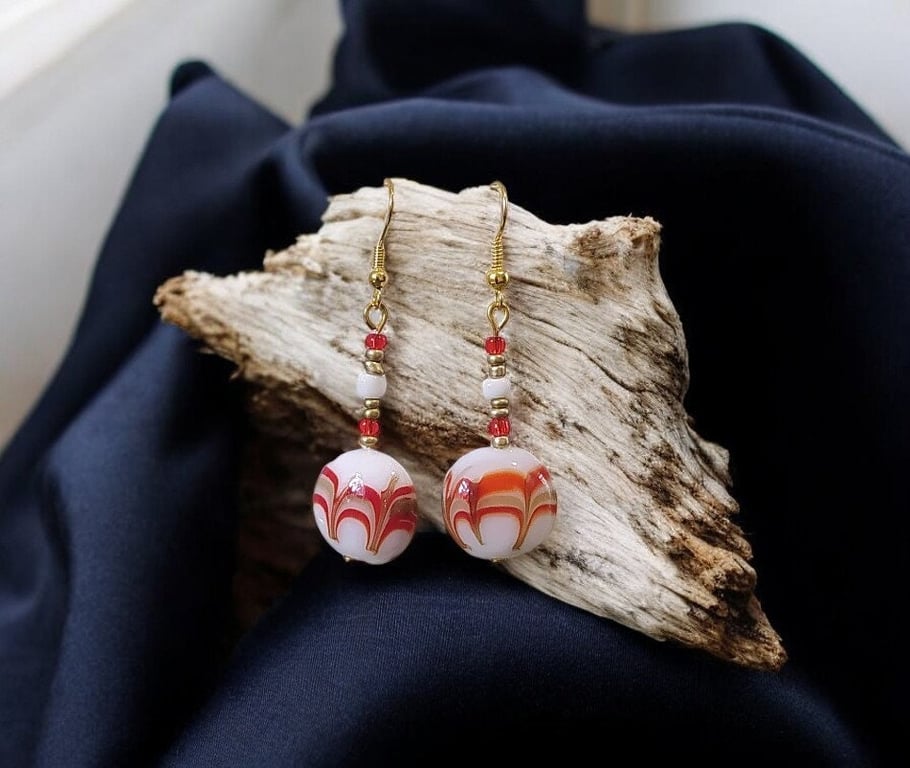 Murano, red and white glass earrings, glass bead jewellery, striped earrings, st