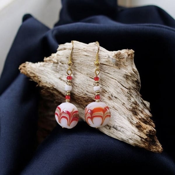 Murano, red and white glass earrings, glass bead jewellery, striped earrings, st