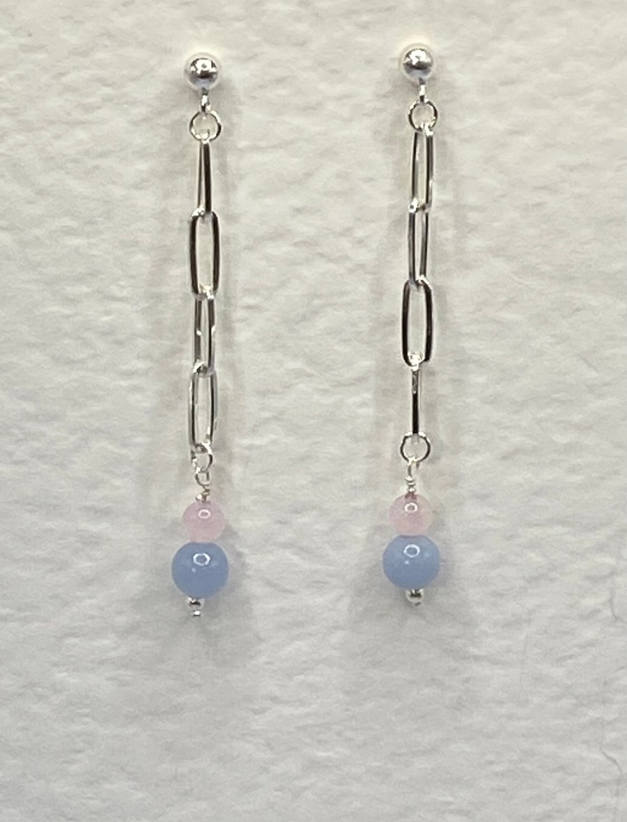 Paperclip chain drop earrings with rose quartz and blue angelite