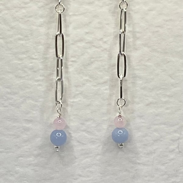 Paperclip chain drop earrings with rose quartz and blue angelite