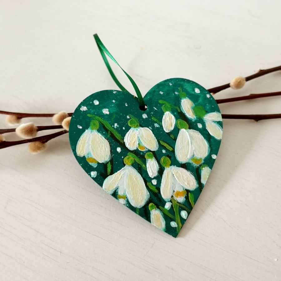 Snowdrop Painting Hanging Decoration Green Heart White Spring Flowers
