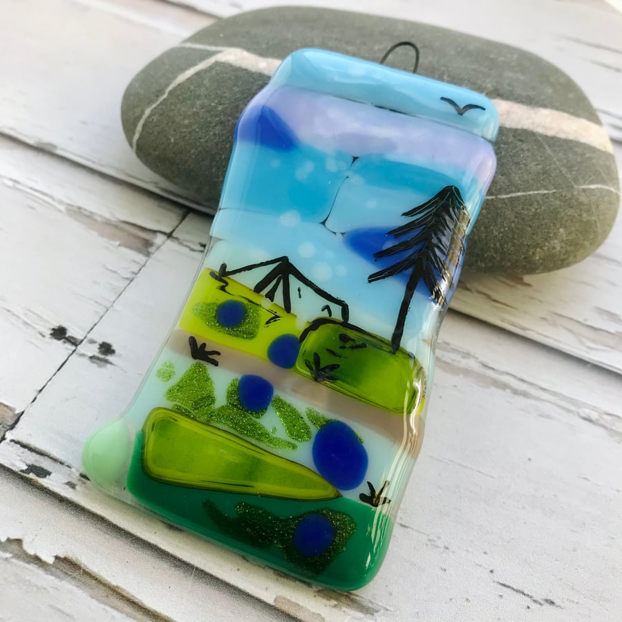 Fused glass camping inspired sun-catcher, gift for nature lover