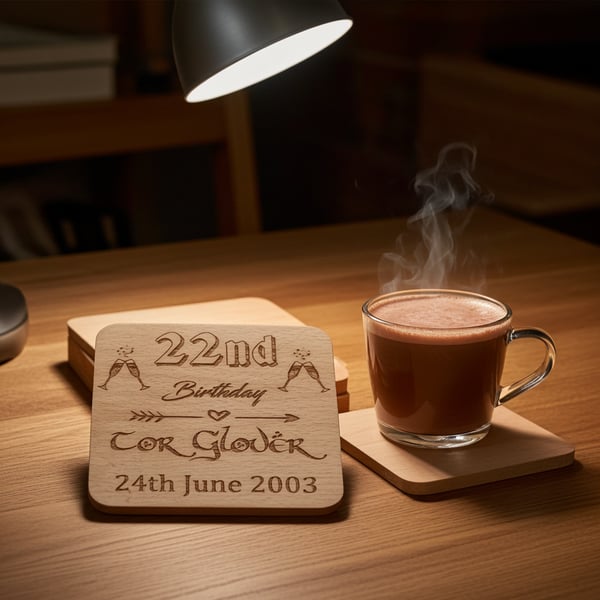 Set of 6 Steamed Beech Drink Coasters- Personalised Anniversary Collection.