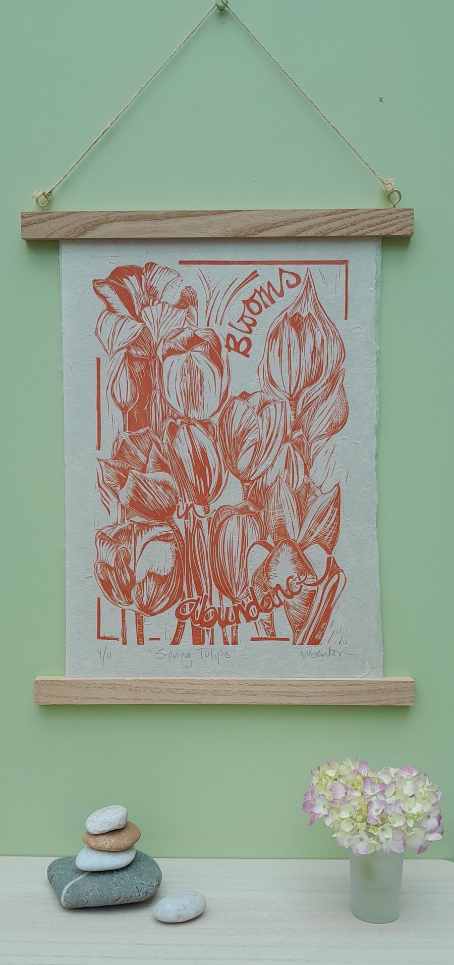 'Spring Tulips', Lino Print in Orange on Natural Lokta Paper