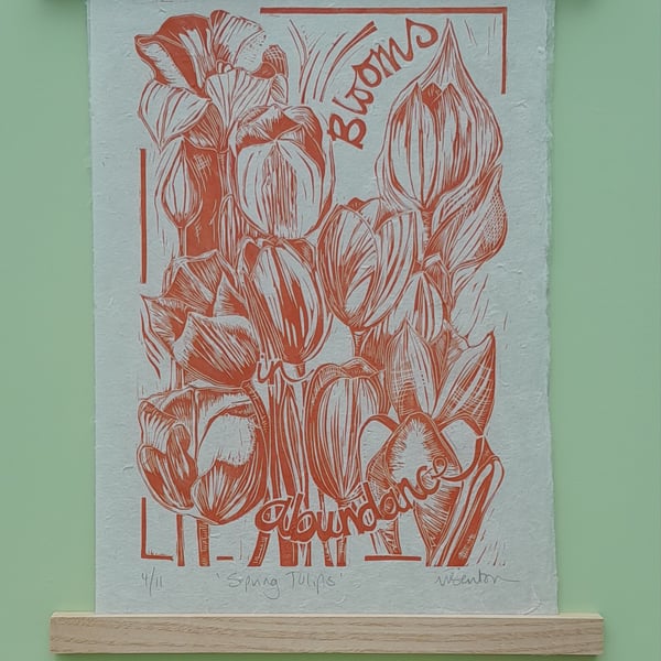'Spring Tulips', Lino Print in Orange on Natural Lokta Paper
