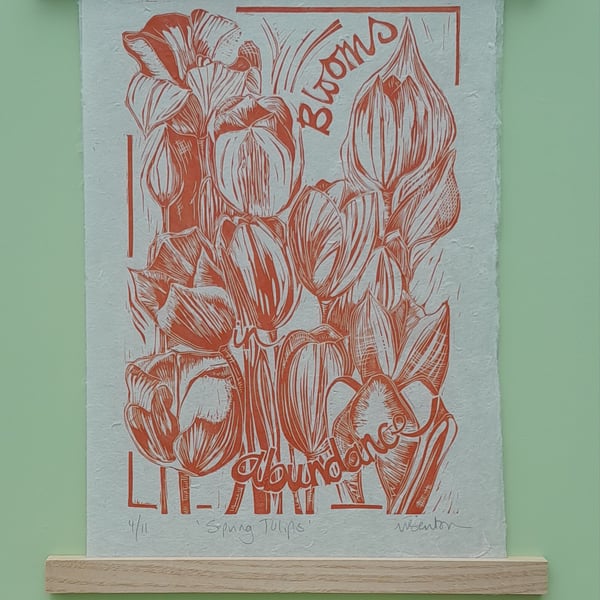 'Spring Tulips', Lino Print in Orange on Natural Lokta Paper