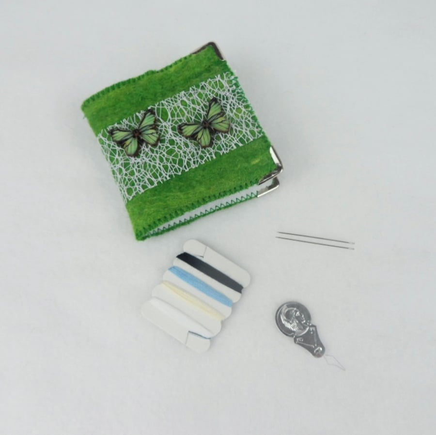 Needle book, sewing kit in green felt with butterflies 