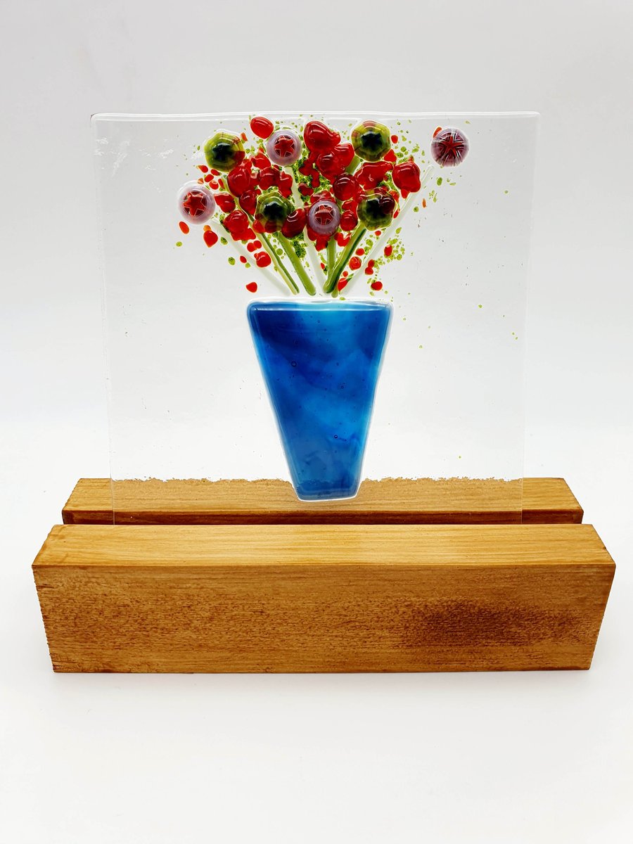 Fused Glass ‘Everlasting Flowers in a Vase’ Tile in a Wooden Stand