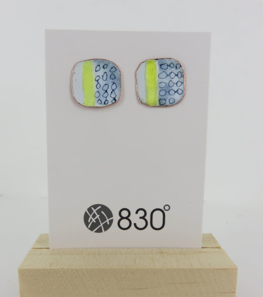 Square Enamel Blue, Yellow and White Stud Earrings with Hand Drawn Pattern