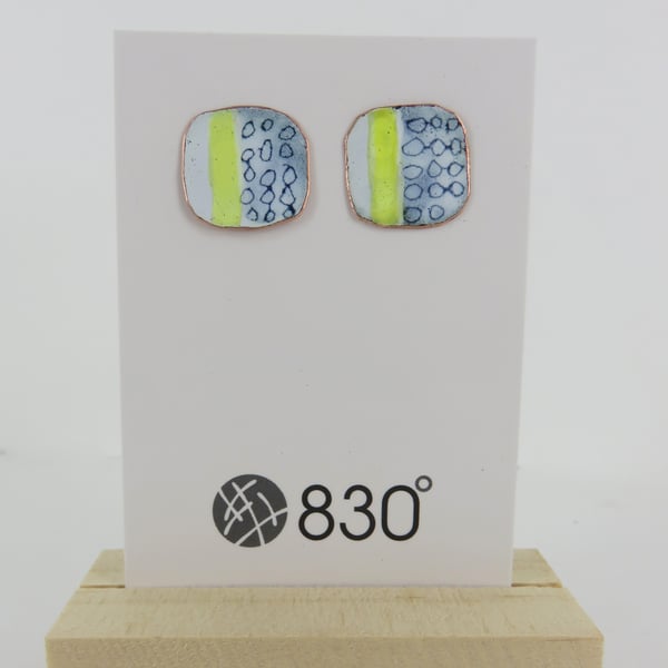 Square Enamel Blue, Yellow and White Stud Earrings with Hand Drawn Pattern