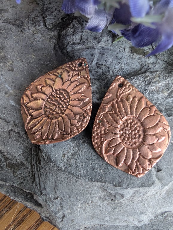 Pair of Teardrop Copper Charms- Sunflower